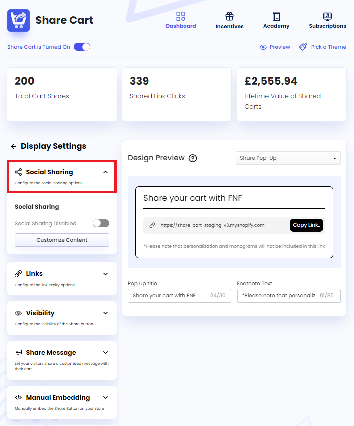 Screenshot of Share Cart Dashboard-Clicking on Social Sharing