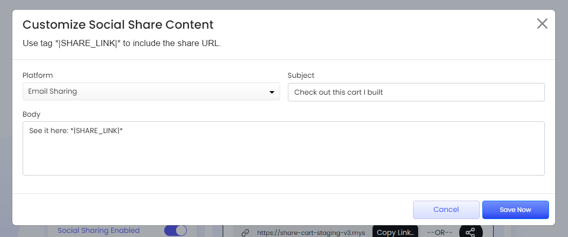 Screenshot of Customize Social Share Content modal-Adding a subject and body for Email