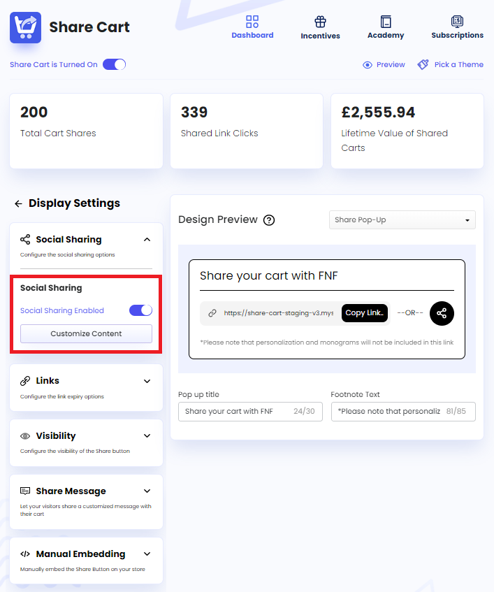 Screenshot of Enabling Social Sharing and Clicking on Customize Content