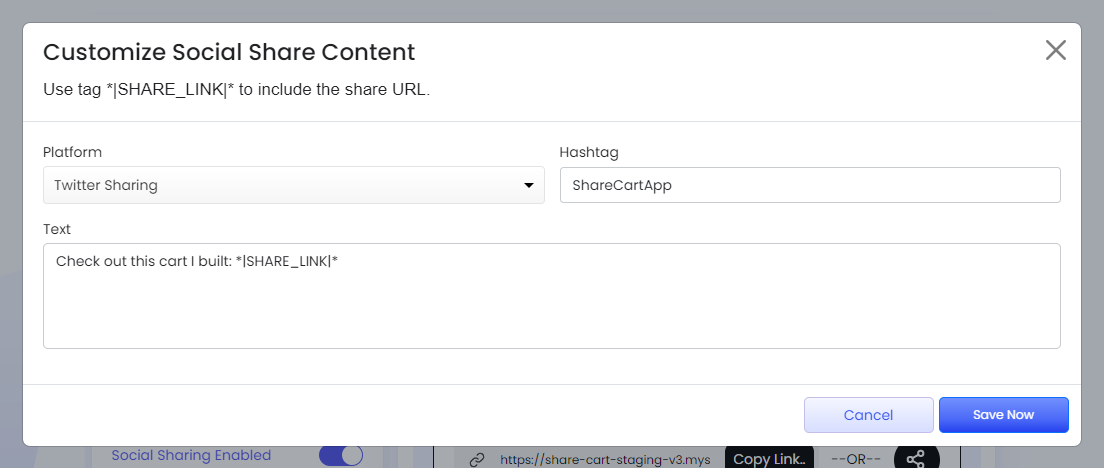 Screenshot of Customize Social Share Content modal-Adding hashtag and text for Twitter