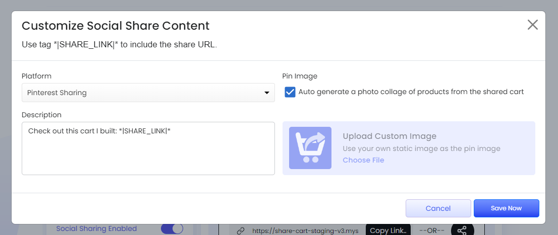 Screenshot of Customize Social Share Content modal-Adding description and image for Pinterest