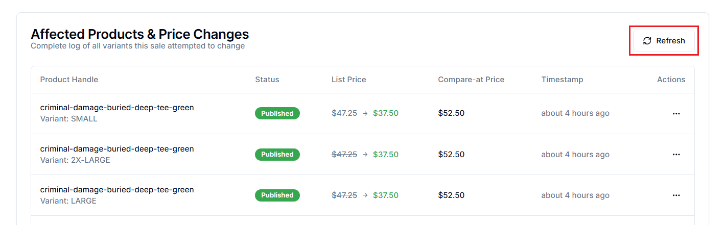 Screenshot of Price Rules Activity Log-Refresh Data