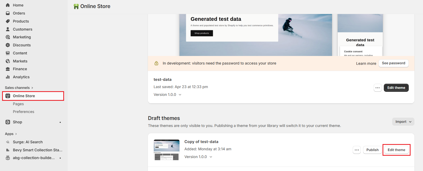 Shopify Admin Online Store-Edit Duplicate Theme Screenshot of Shopify Admin Online Store-Edit Duplicate Theme