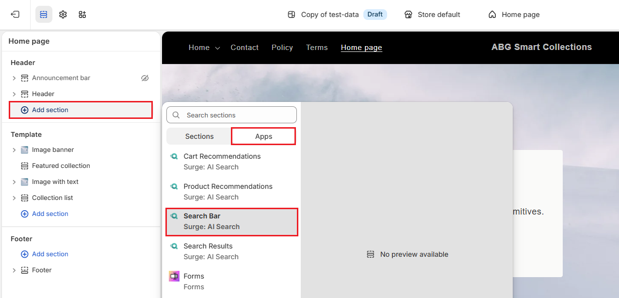 Shopify Admin Theme Editor-Add Search Bar Screenshot of Shopify Admin Theme Editor-Add Search Bar