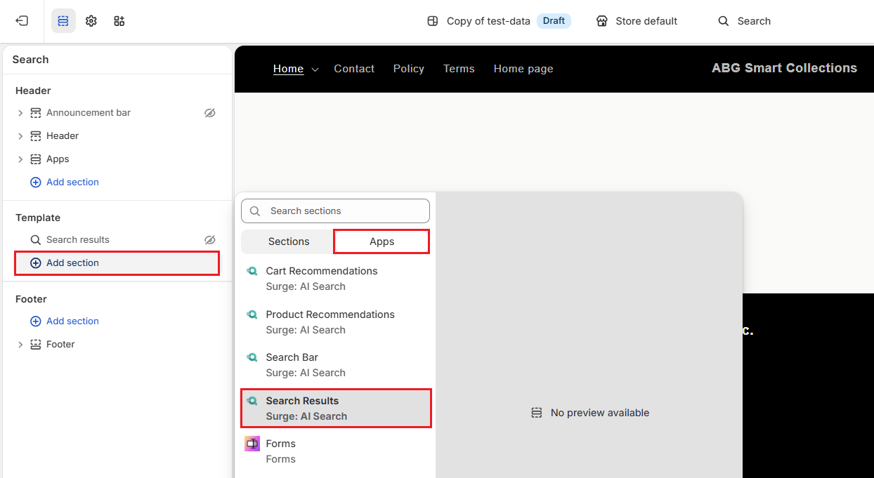 Shopify Admin Theme Editor-Add Search Results Screenshot of Shopify Admin Theme Editor-Add Search Results
