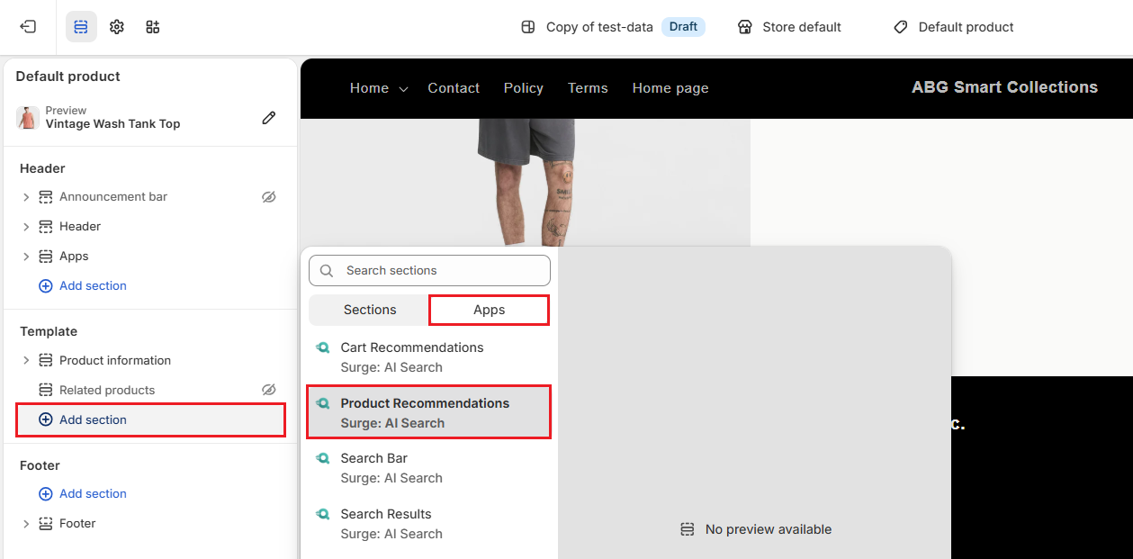 Shopify Admin Theme Editor-Add Product Recommendations Screenshot of Shopify Admin Theme Editor-Add Product Recommendations