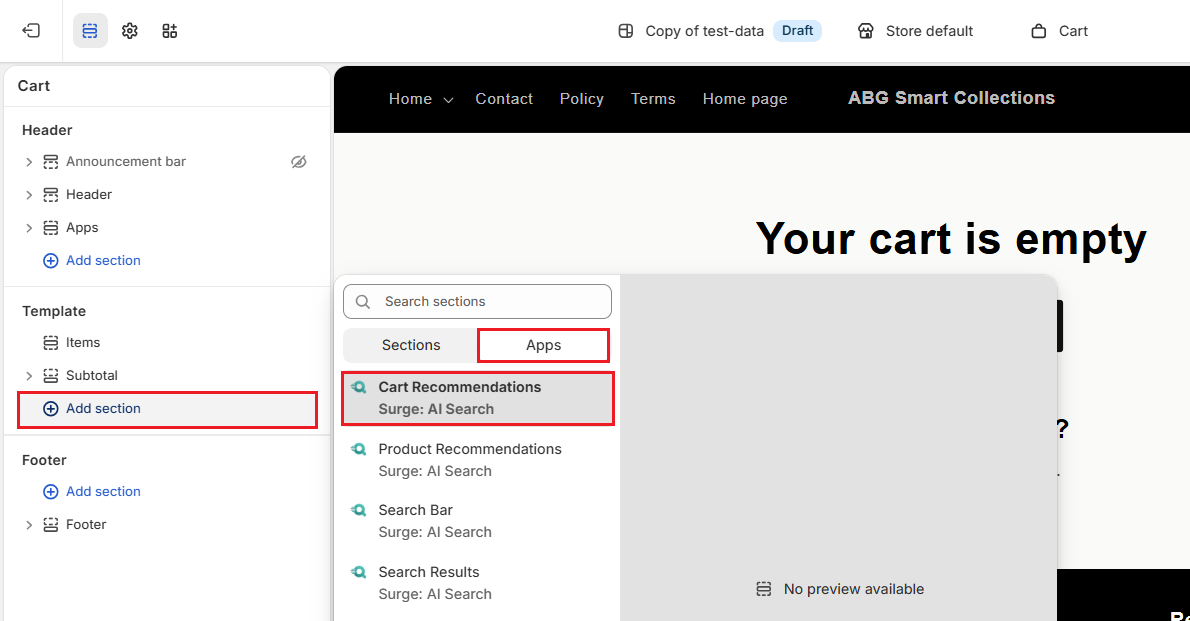 Shopify Admin Theme Editor-Add Cart Recommendations Screenshot of Shopify Admin Theme Editor-Add Cart Recommendations