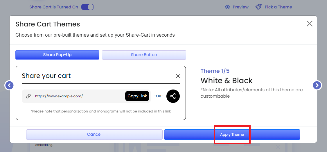Screenshot of Share Cart Themes modal-Clicking on Apply Theme