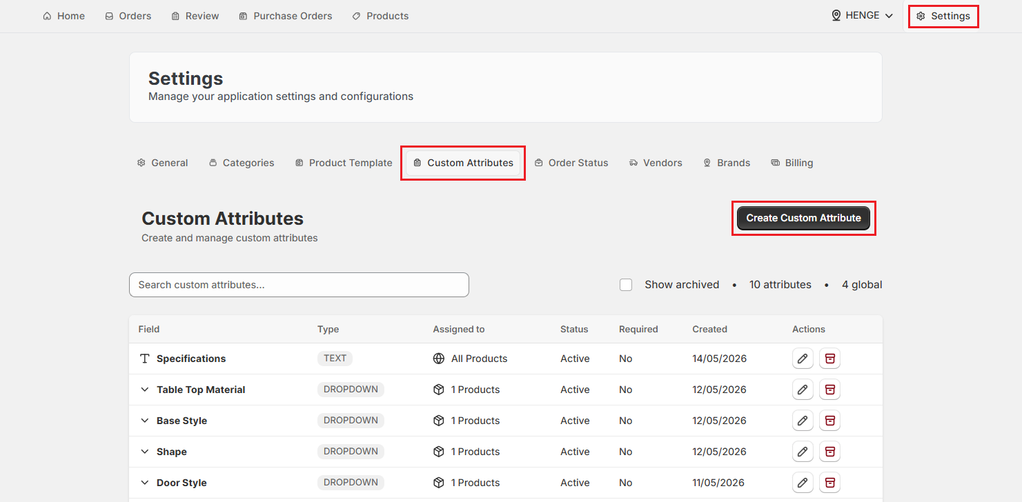 Screenshot of OrderPilot Custom Attributes Tab-Click Create Custom Attribute