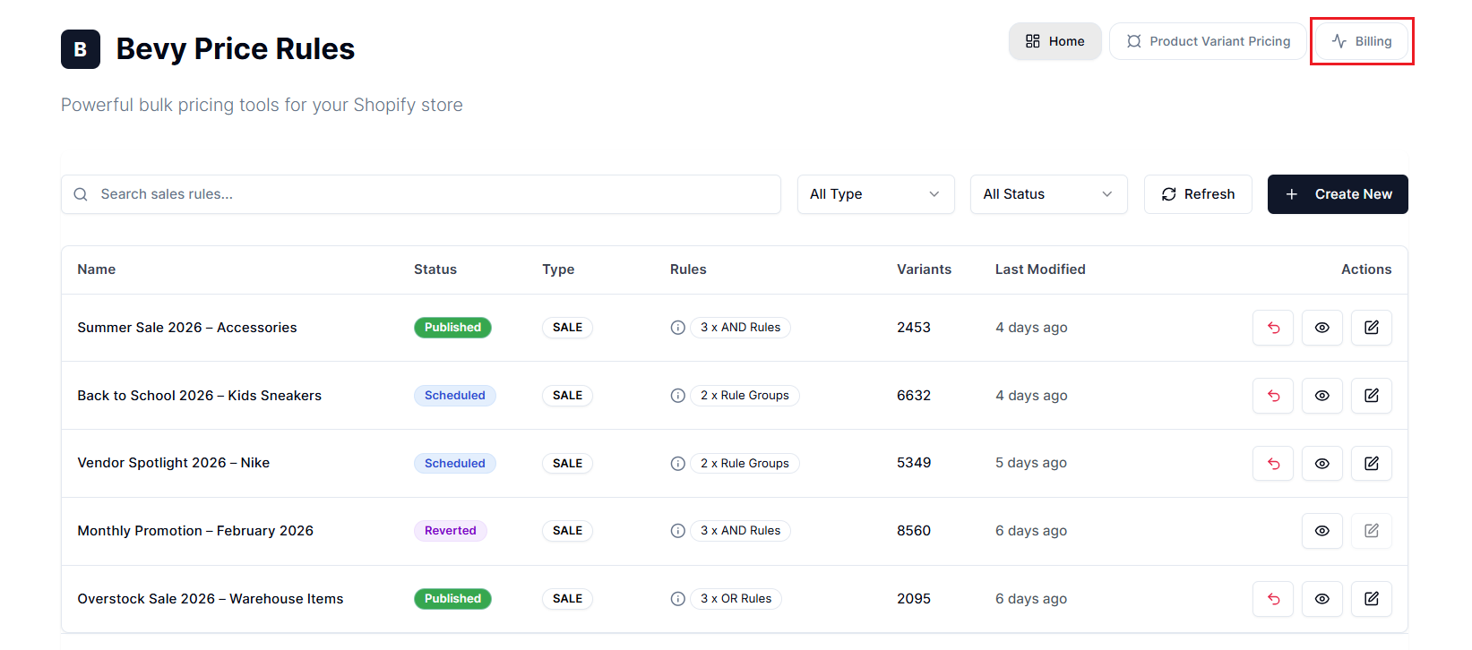 Screenshot of Price Rules Dashboard-Billing