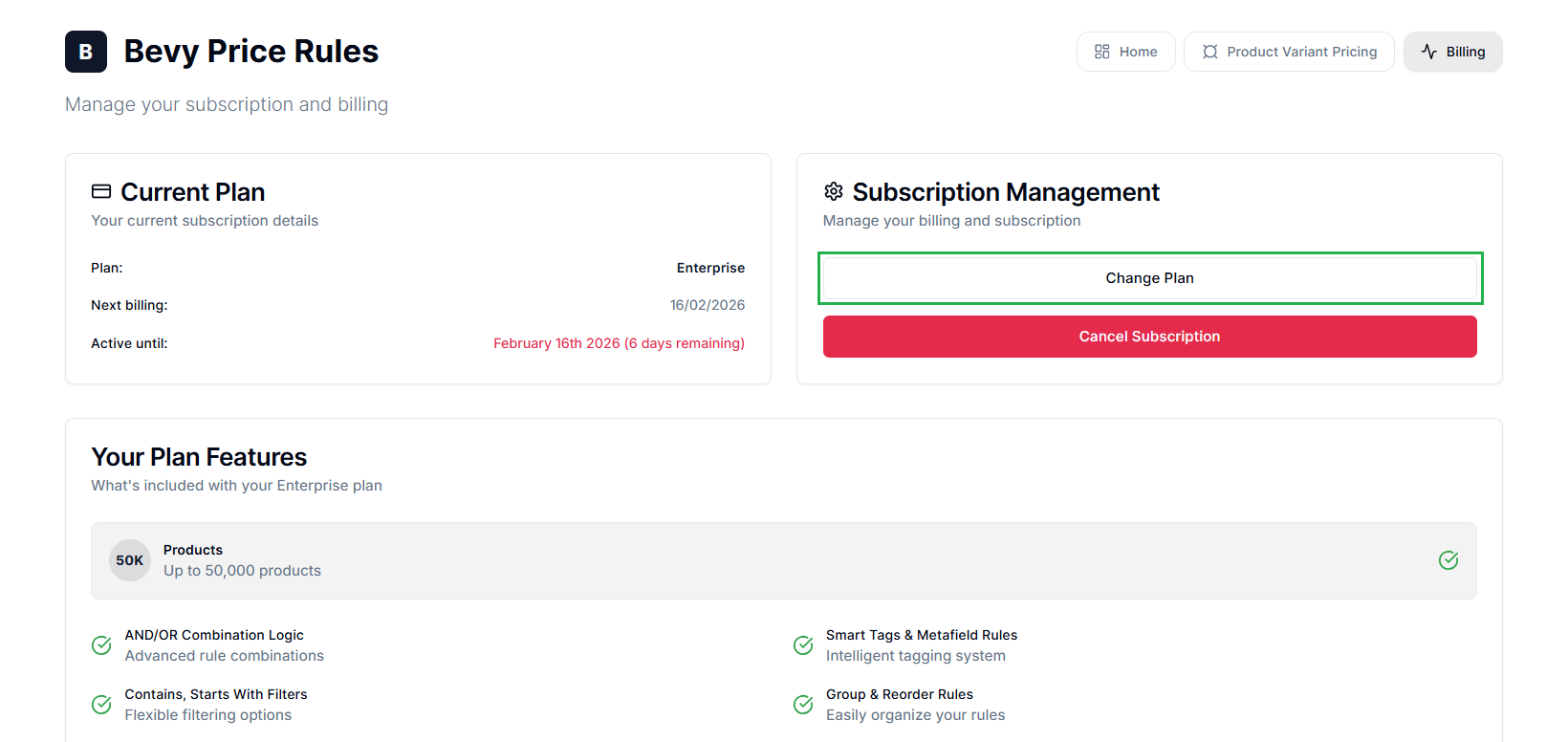Screenshot of Price Rules Billing Tab-Change Plan