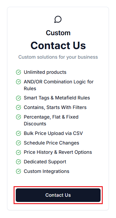 Screenshot of Price Rules Custom Plan-Contact Us