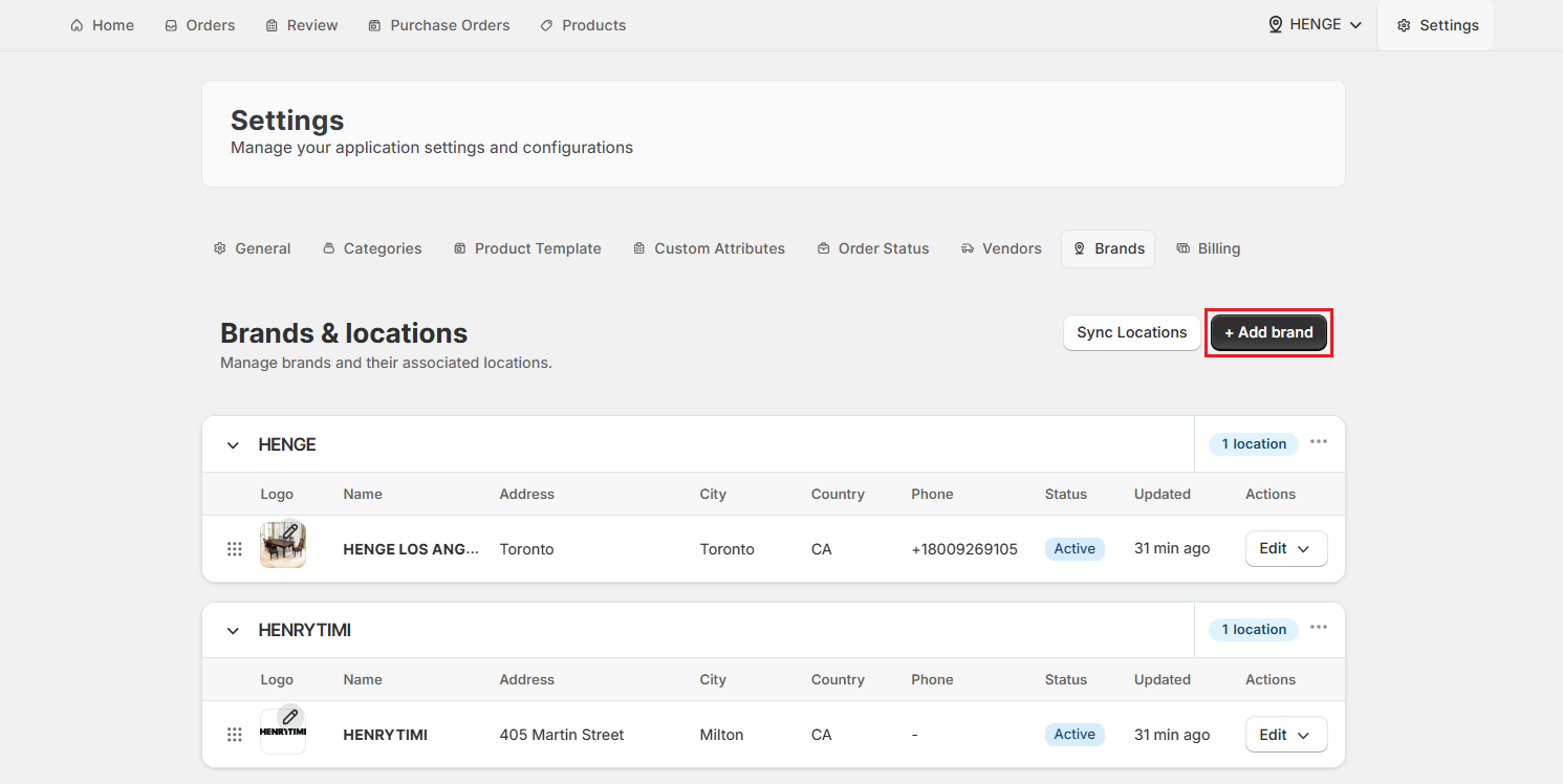 Screenshot of OrderPilot Brands Tab-Add Brand