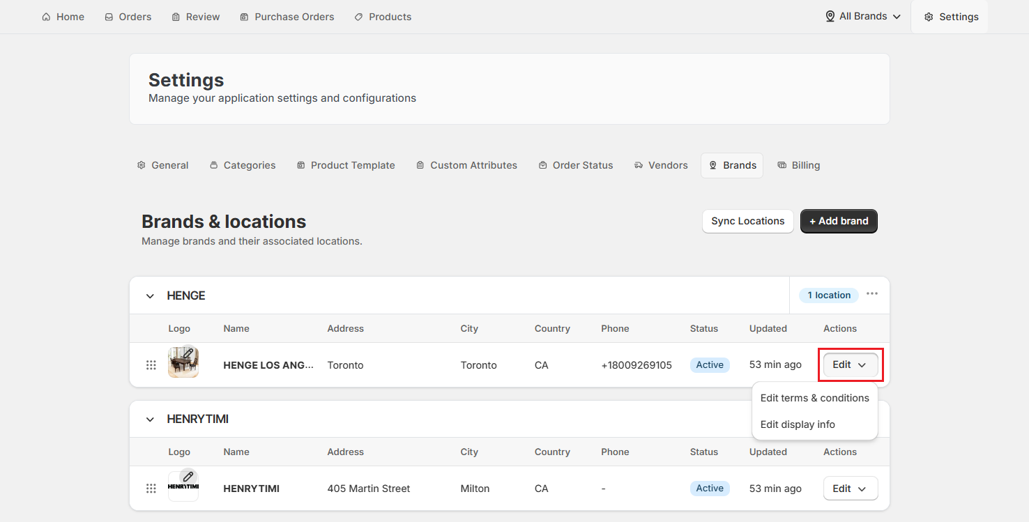 Screenshot of OrderPilot Brands Tab-Edit Brand