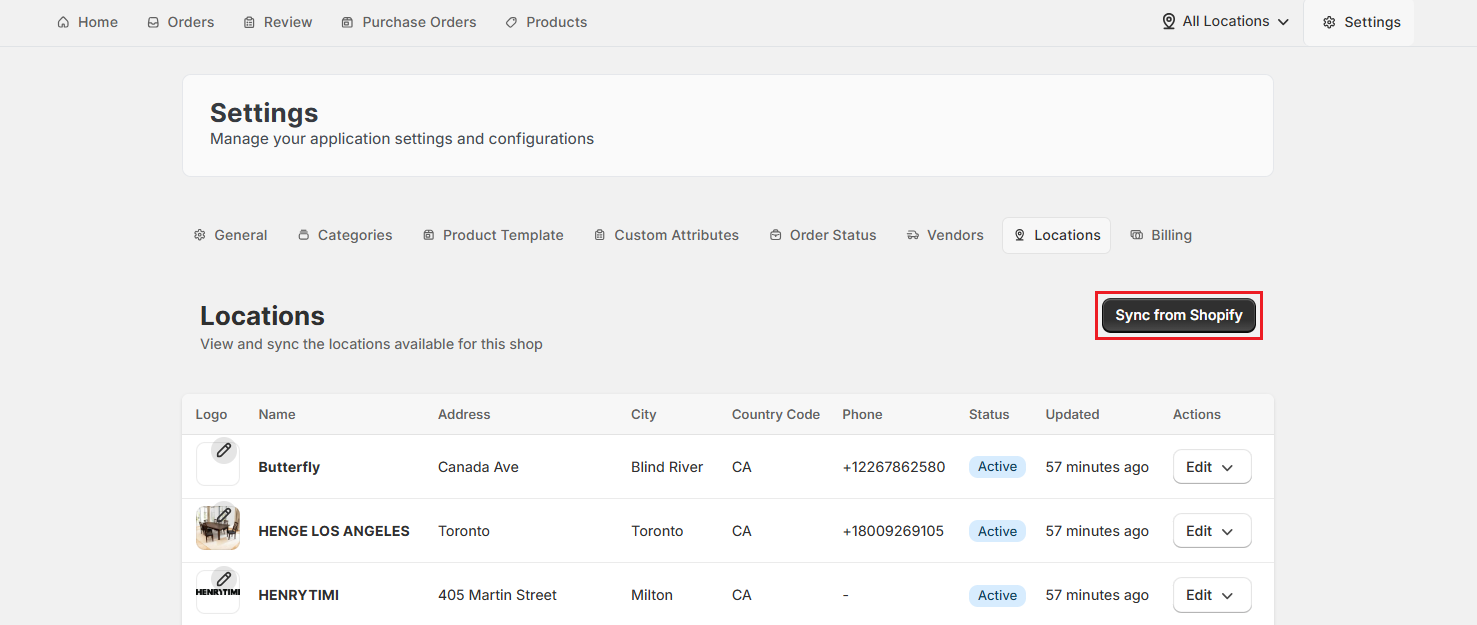 Screenshot of OrderPilot Locations Tab-Sync Locations