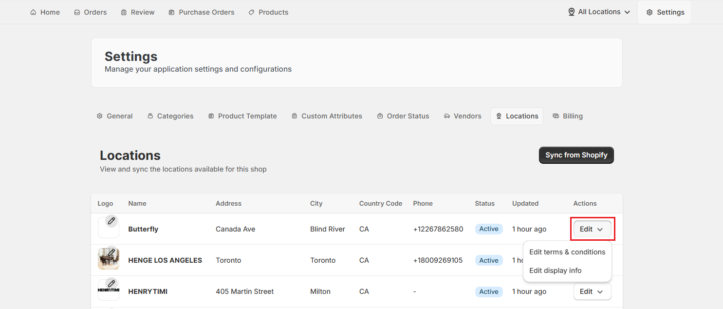 Screenshot of OrderPilot Locations Tab-Edit Location