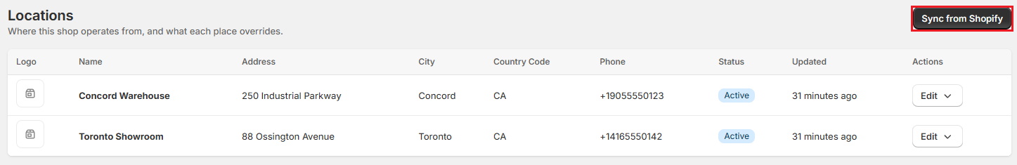 Screenshot of OrderPilot Locations Section