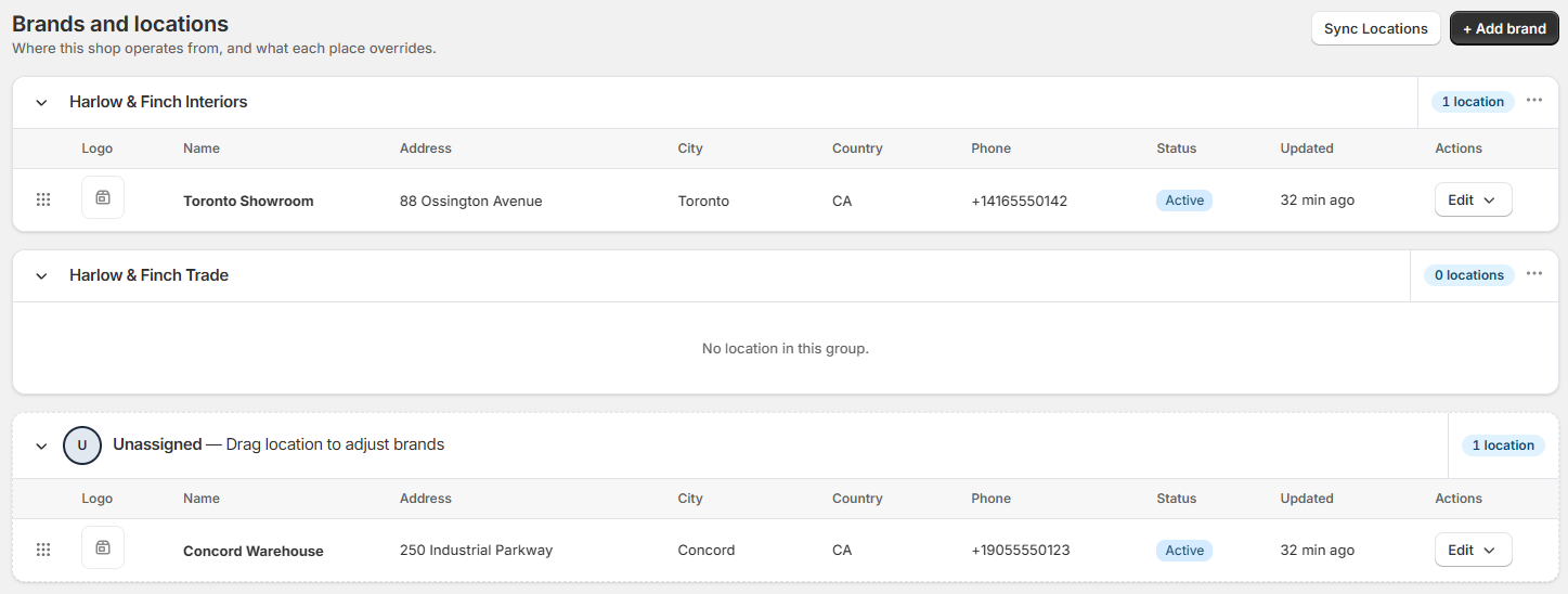 Screenshot of OrderPilot Brands and Locations Board