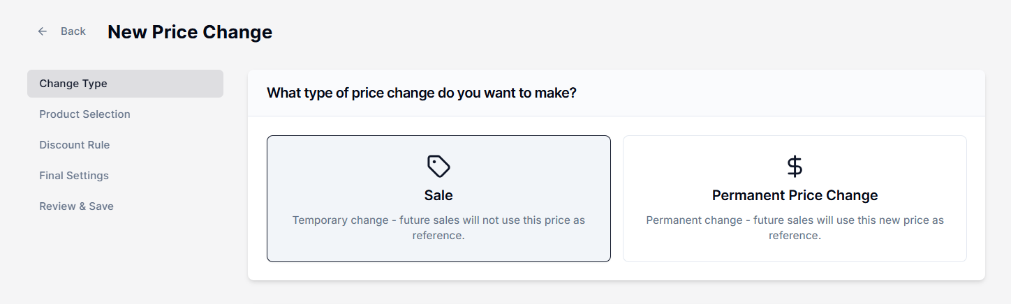 Screenshot of Price Rules Price Change Type-Sale