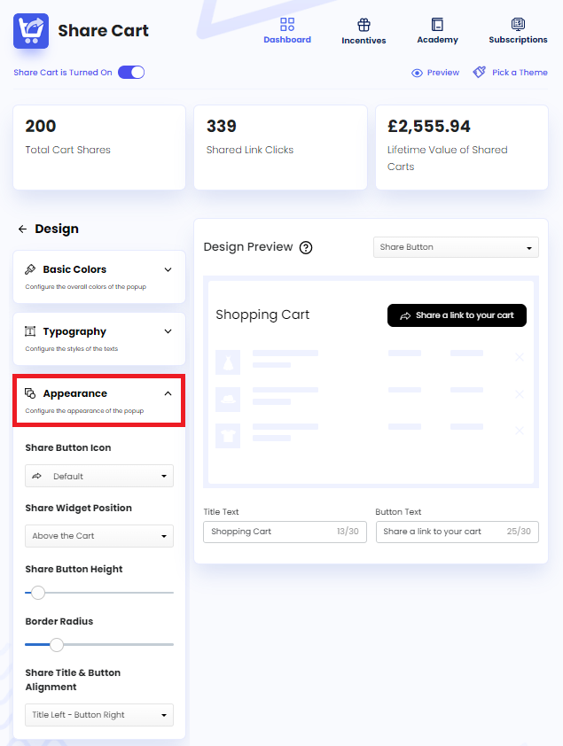 Screenshot of Share Cart Dashboard-Clicking on Appearance