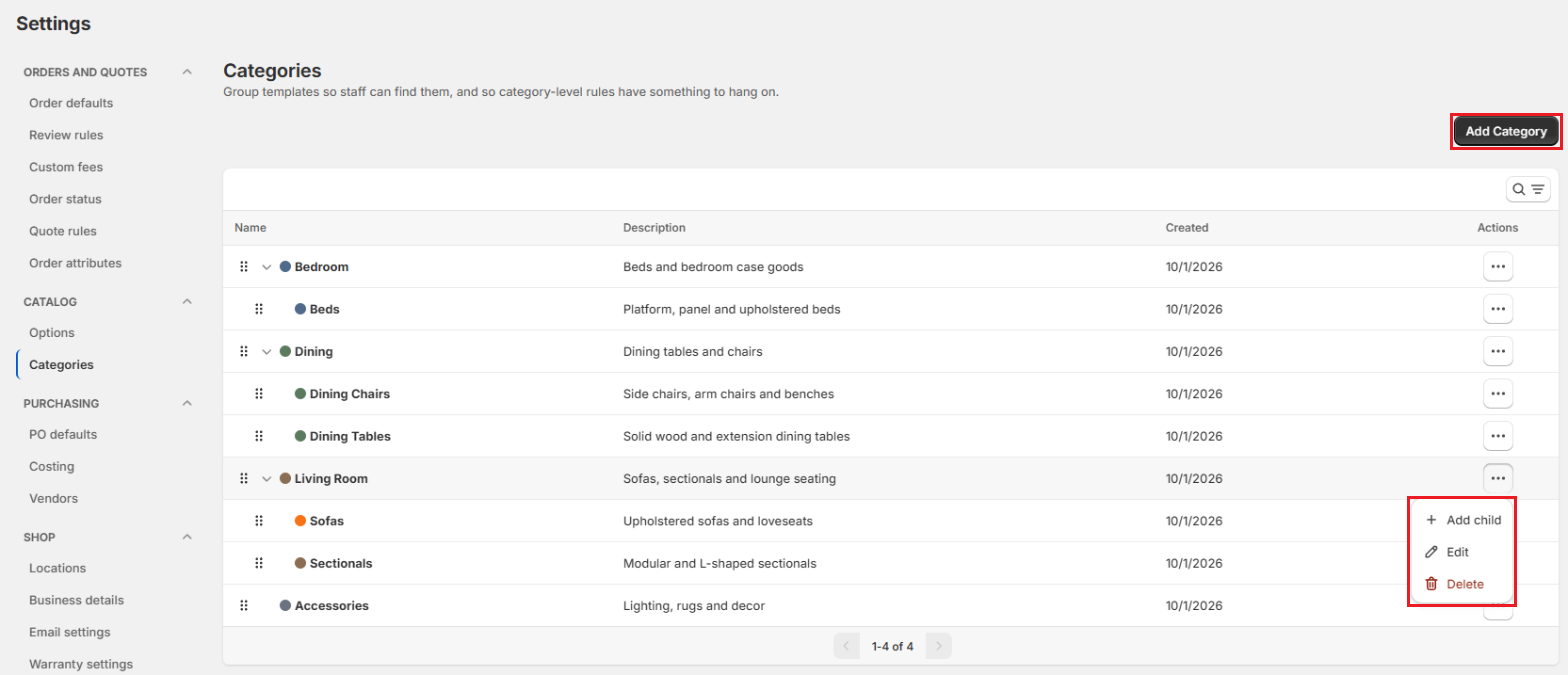 Screenshot of OrderPilot Categories settings with the Add Category button