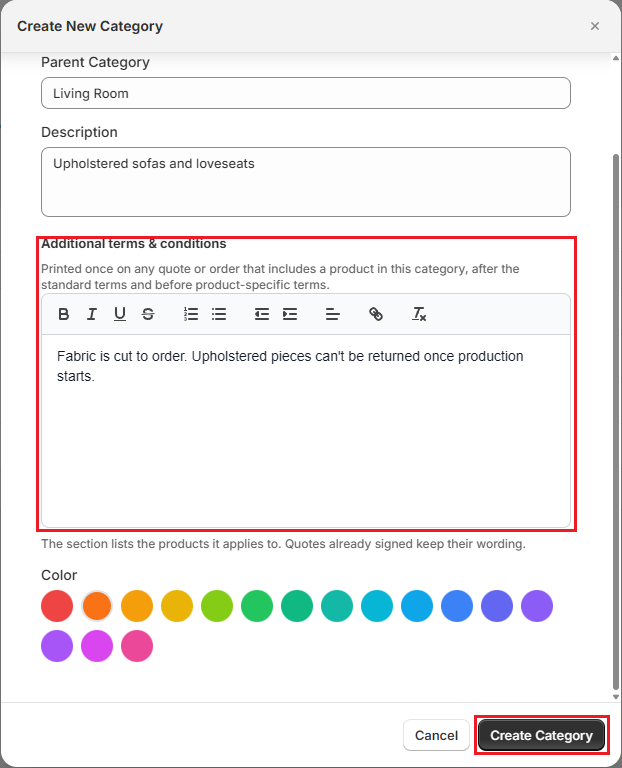Screenshot of OrderPilot Create New Category form for the Sofas category