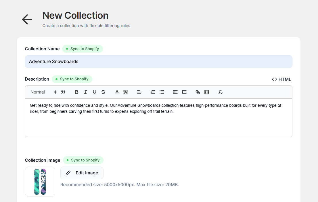 Screenshot of Smart Collections Builder Collection Creation Page-Shopify Sync Toggle On