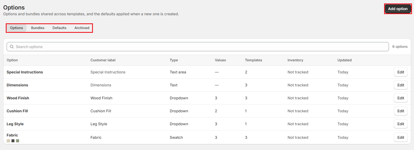 Screenshot of OrderPilot Options settings showing the Options tab and the Add option button
