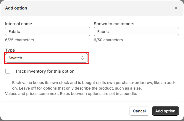 Screenshot of OrderPilot Add option dialog for the Fabric option