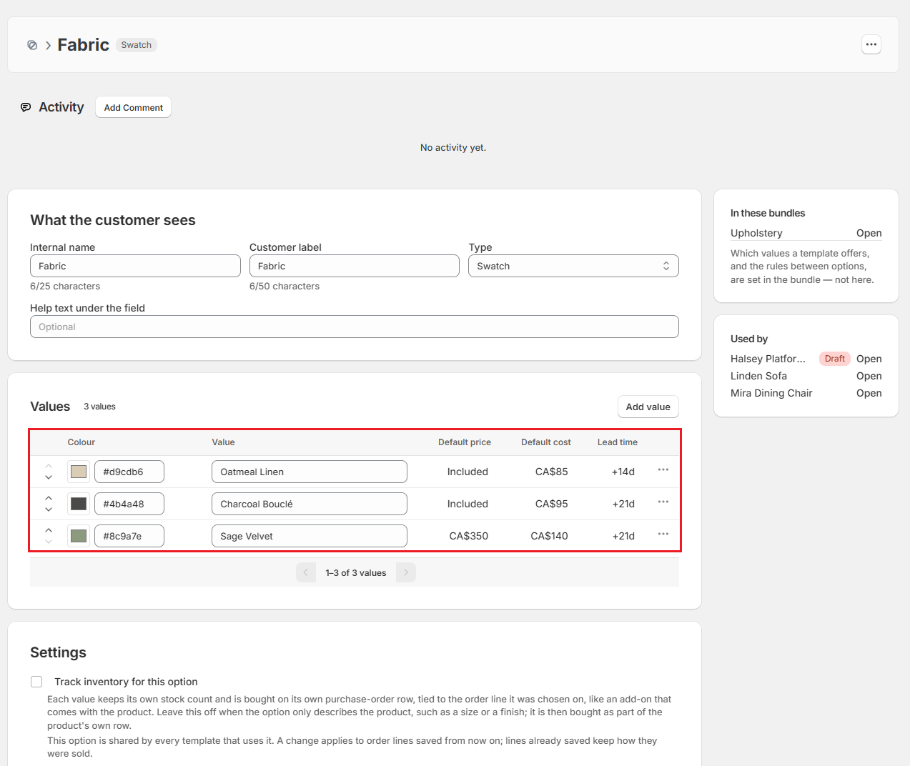 Screenshot of OrderPilot option page for Fabric with swatch colours and prices
