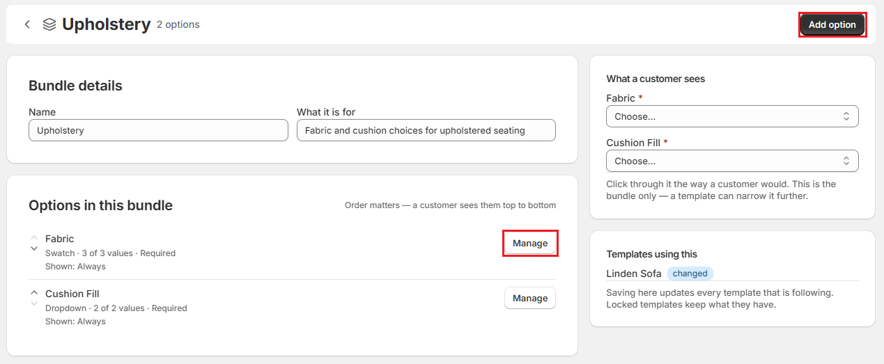 Screenshot of OrderPilot bundle page for an Upholstery bundle with Fabric and Cushion Fill
