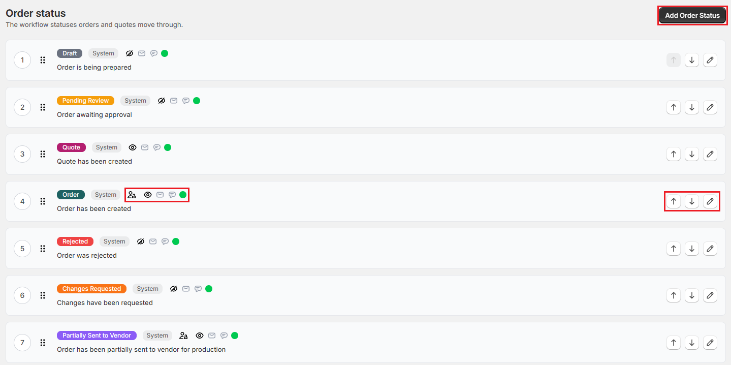Screenshot of OrderPilot Order status settings listing statuses with the Add Order Status button