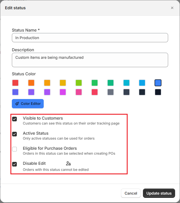 Screenshot of OrderPilot Edit status form for In Production with its switches