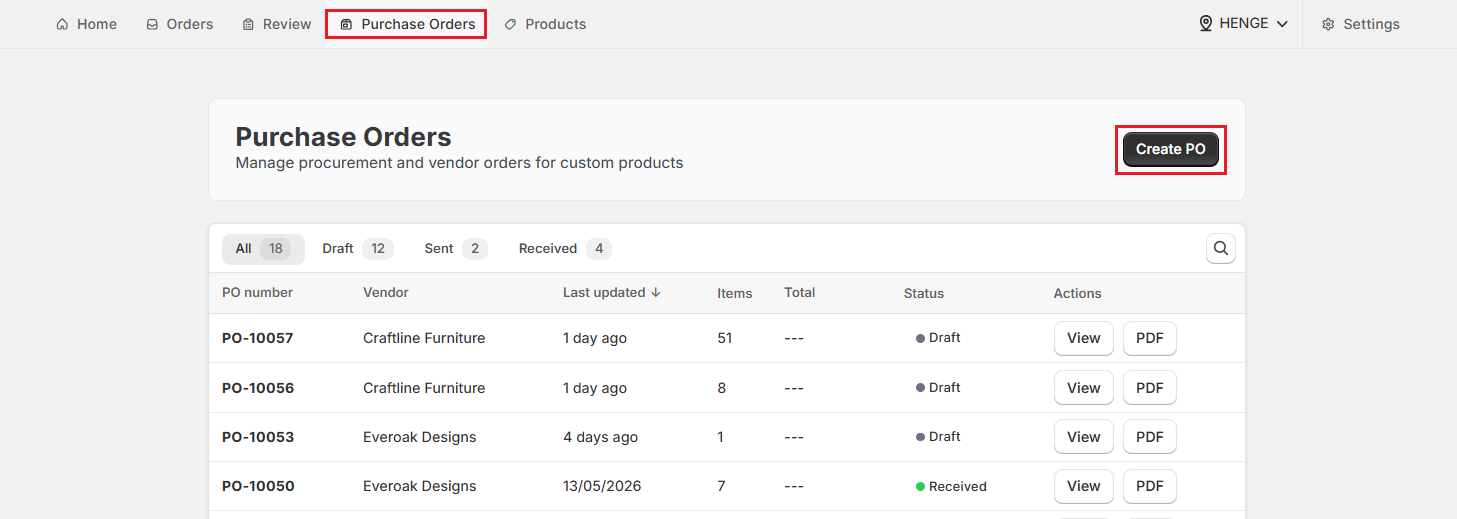 Screenshot of OrderPilot Purchase Orders Tab-Click Create PO