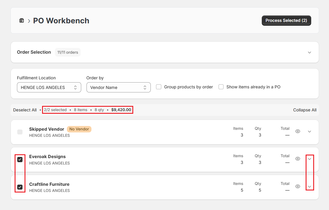 Screenshot of OrderPilot Create Purchase Order-Select Vendors