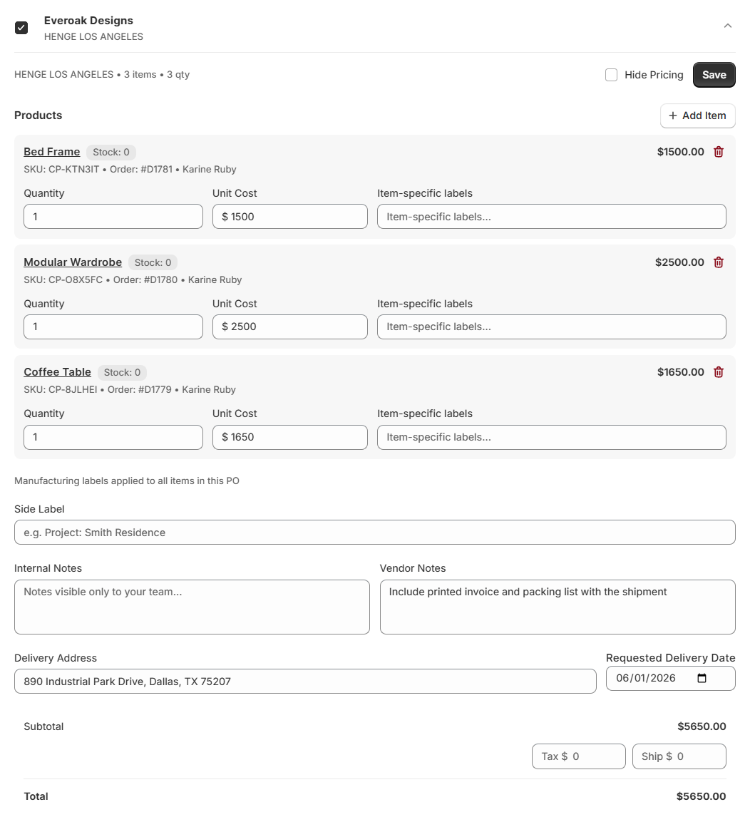 Screenshot of OrderPilot Create Purchase Order-Edit Vendor Items