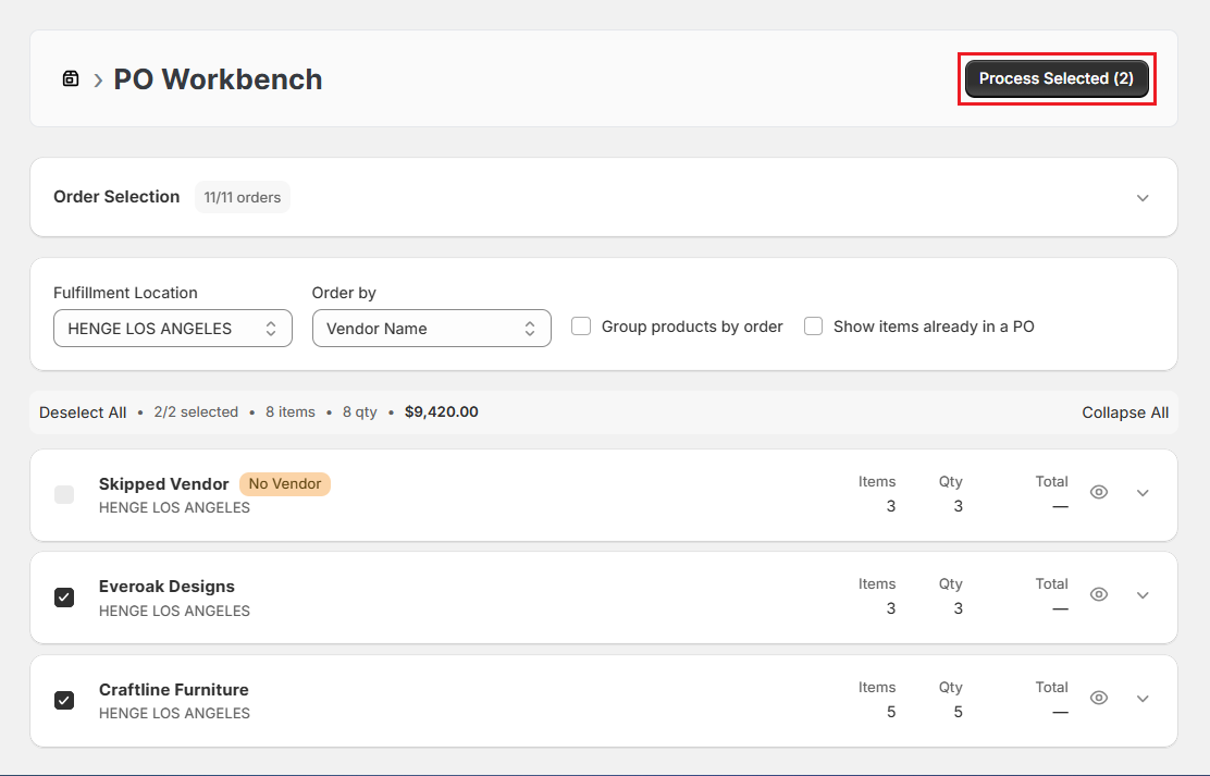 Screenshot of OrderPilot Create Purchase Order-Click Process Selected