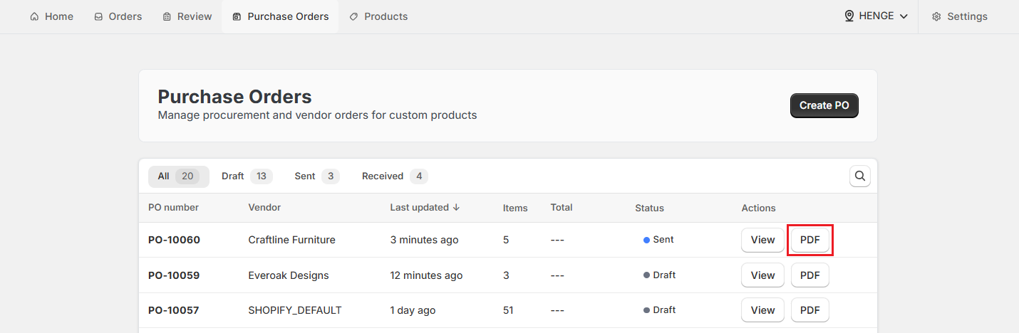 Screenshot of OrderPilot Download Purchase Order