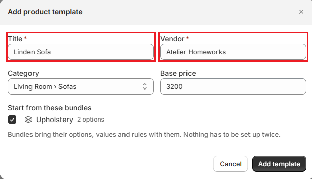 OrderPilot Add product template dialog for the Linden Sofa Screenshot of OrderPilot Add product template dialog for the Linden Sofa