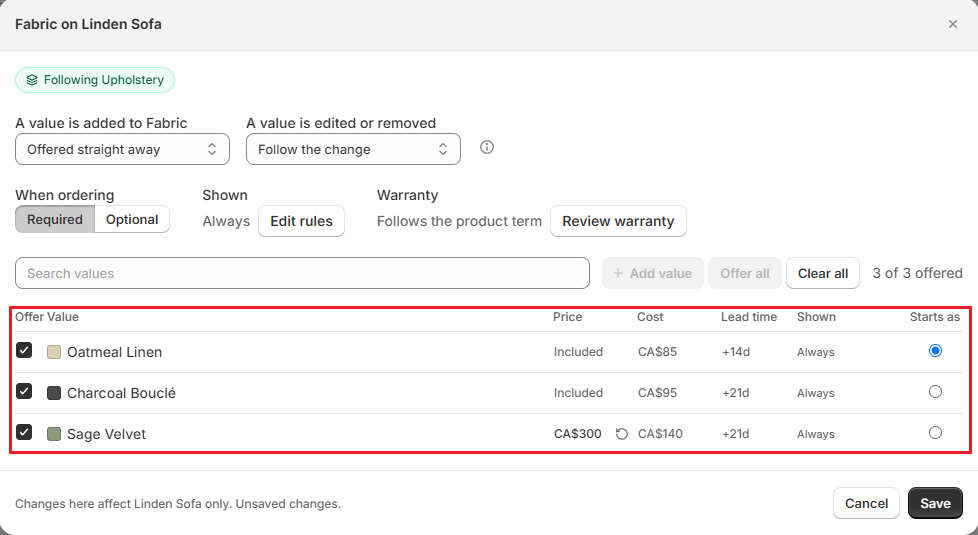 OrderPilot Manage dialog for Fabric on Linden Sofa with per-template prices Screenshot of OrderPilot Manage dialog for Fabric on Linden Sofa with per-template prices