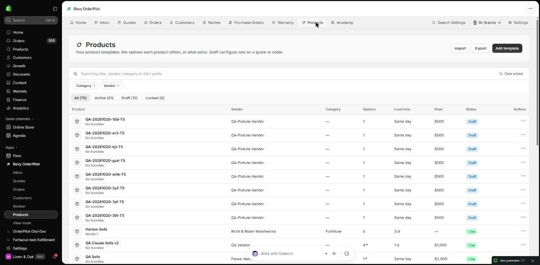 The Products list showing All, Active, Draft, and Locked status tabs
