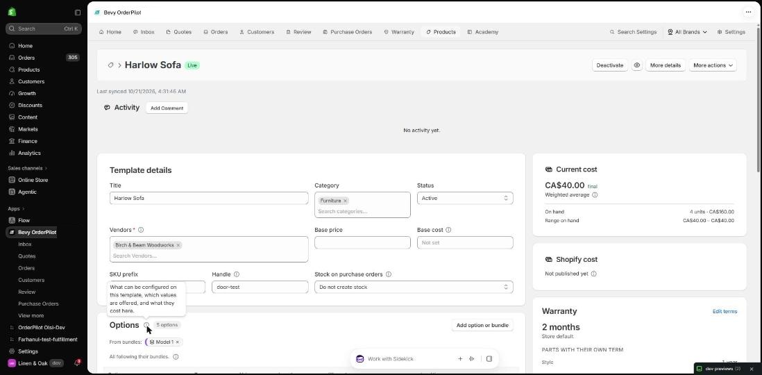 The Harlow Sofa template editor showing bundles, Live status badge, Shopify cost, and Warranty settings