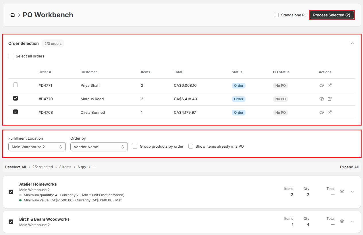 OrderPilot PO Workbench with orders selected and vendor cards Screenshot of OrderPilot PO Workbench with orders selected and vendor cards