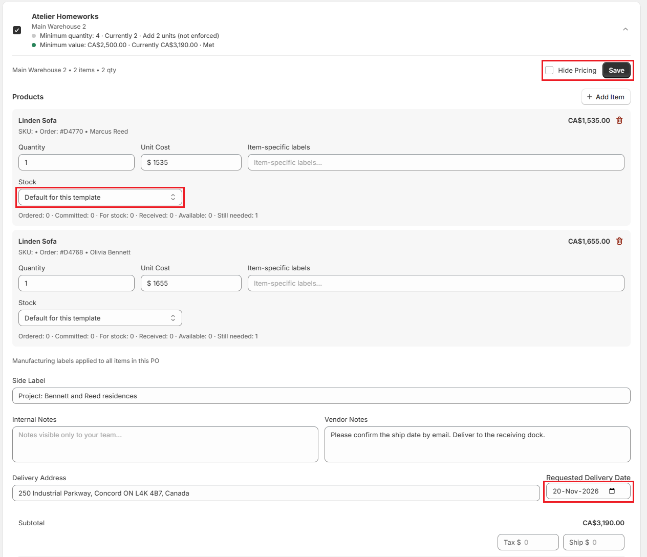 OrderPilot vendor card Edit form in the PO Workbench Screenshot of OrderPilot vendor card Edit form in the PO Workbench