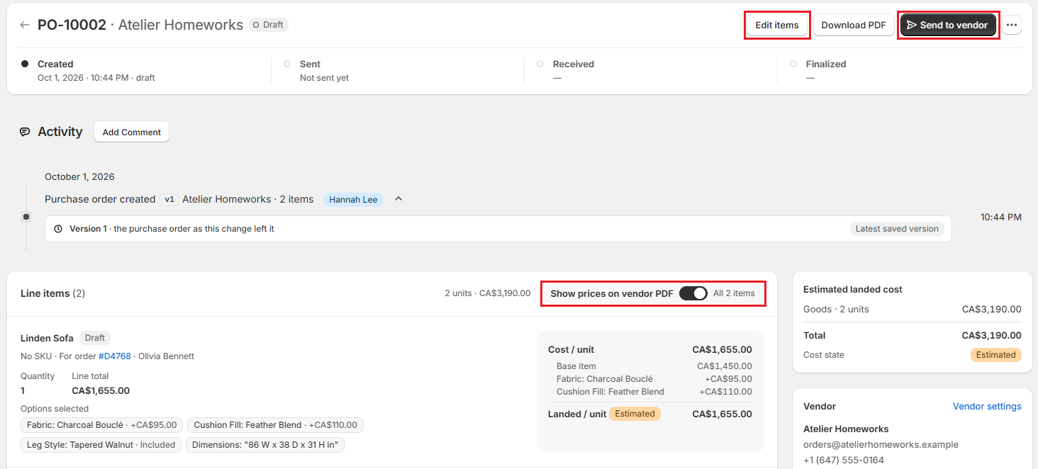 OrderPilot draft purchase order with the Send to vendor button Screenshot of OrderPilot draft purchase order with the Send to vendor button