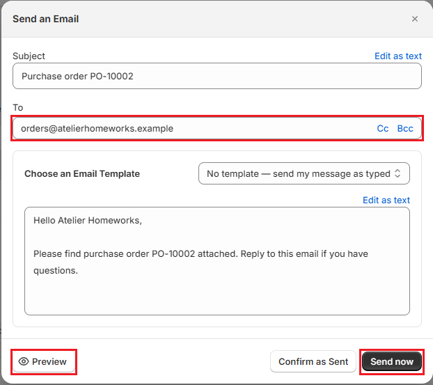 OrderPilot Send an Email window for a purchase order Screenshot of OrderPilot Send an Email window for a purchase order