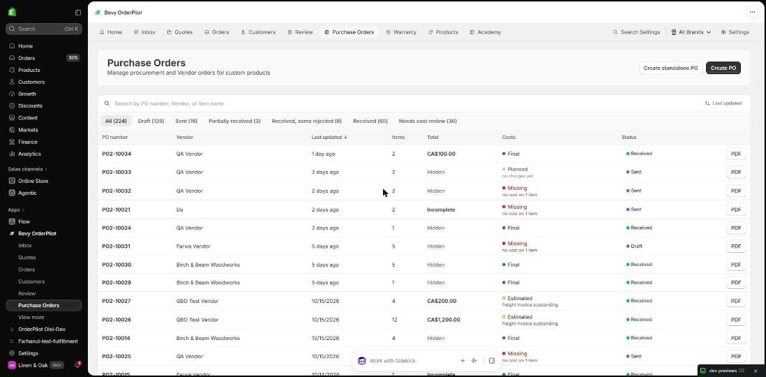 The Purchase Orders list showing Draft, Sent, Received tabs and cost status indicators