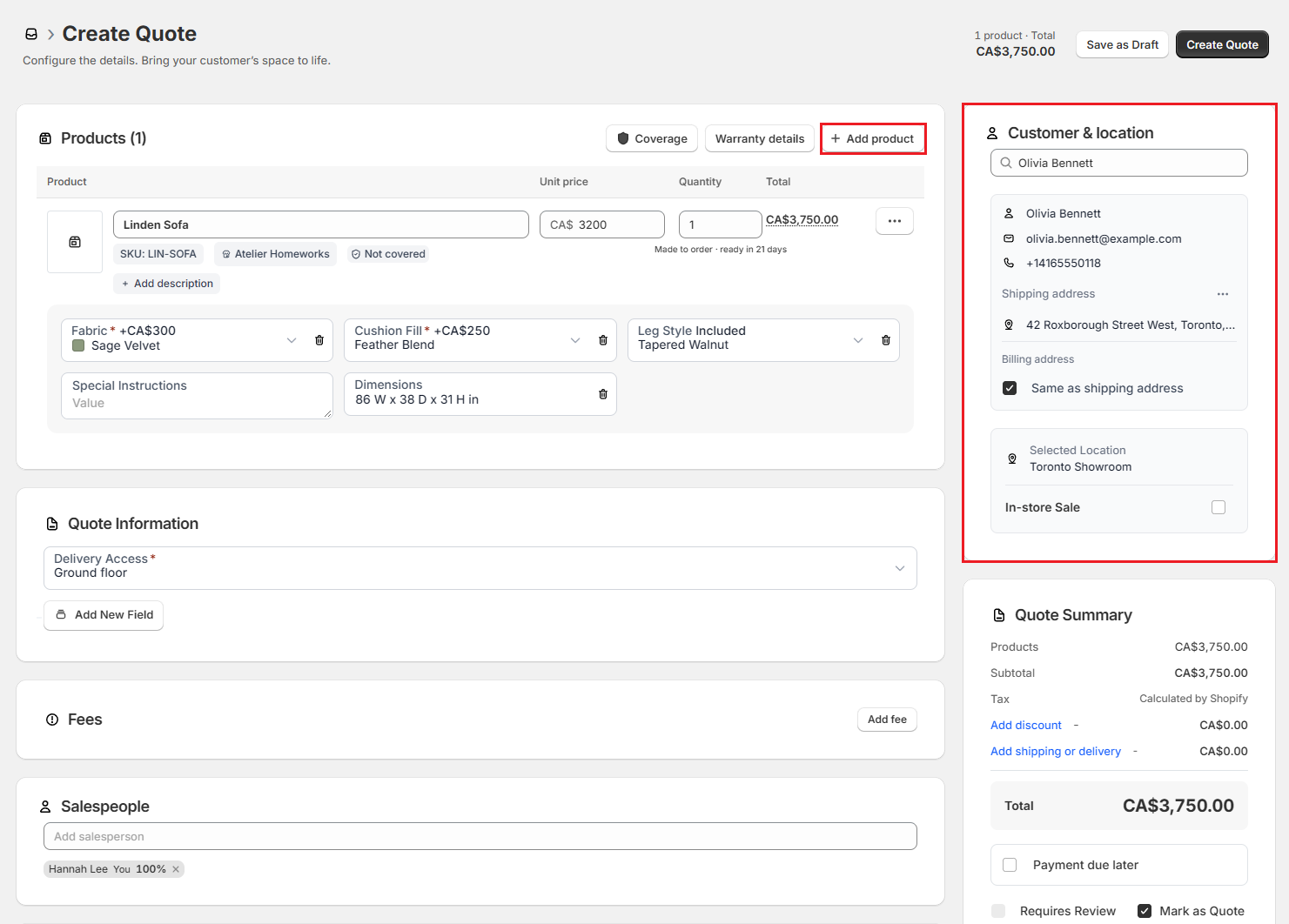 OrderPilot Create Quote screen Screenshot of OrderPilot Create Quote screen with the Customer & location card filled in