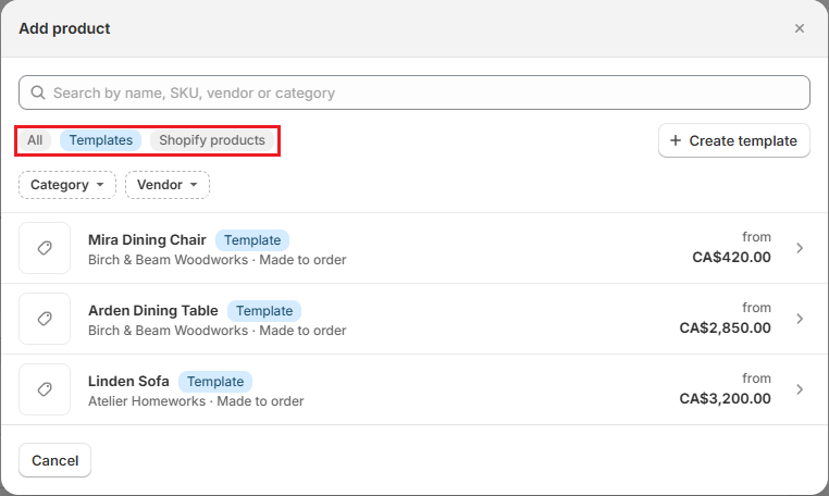 OrderPilot Add product window Screenshot of OrderPilot Add product window filtered to Templates