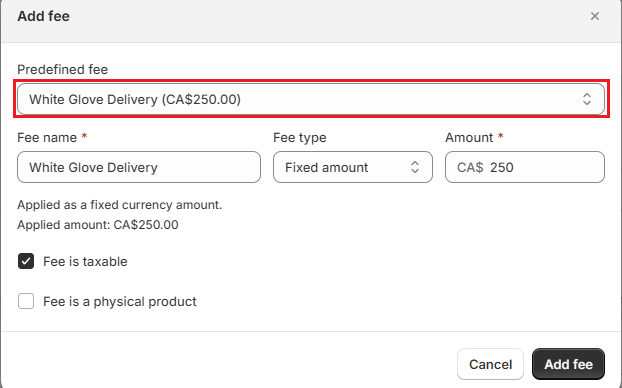 OrderPilot Add fee window Screenshot of OrderPilot Add fee window with White Glove Delivery selected